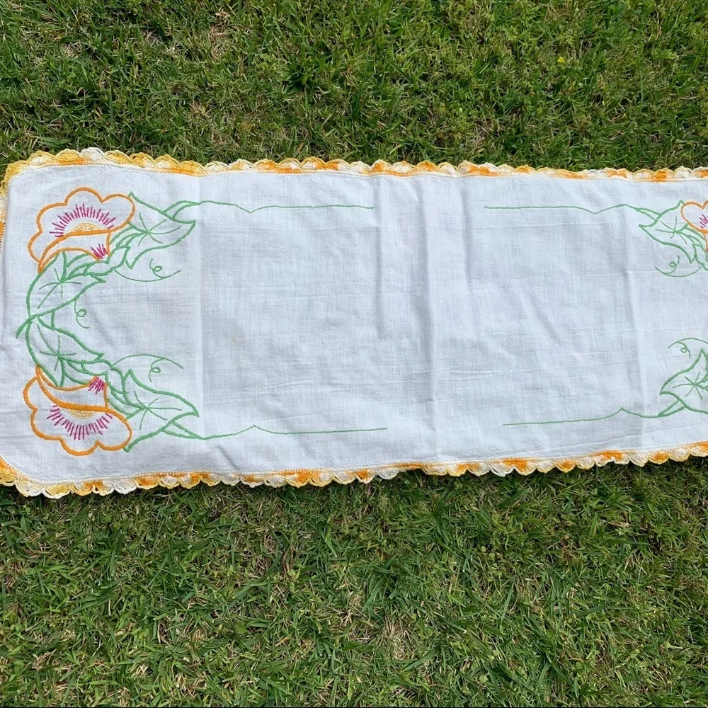 Embroidered Floral Table Runner - White and Yellow